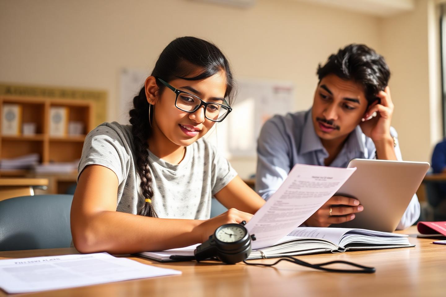 A student working an ACT science passage against a stopwatch