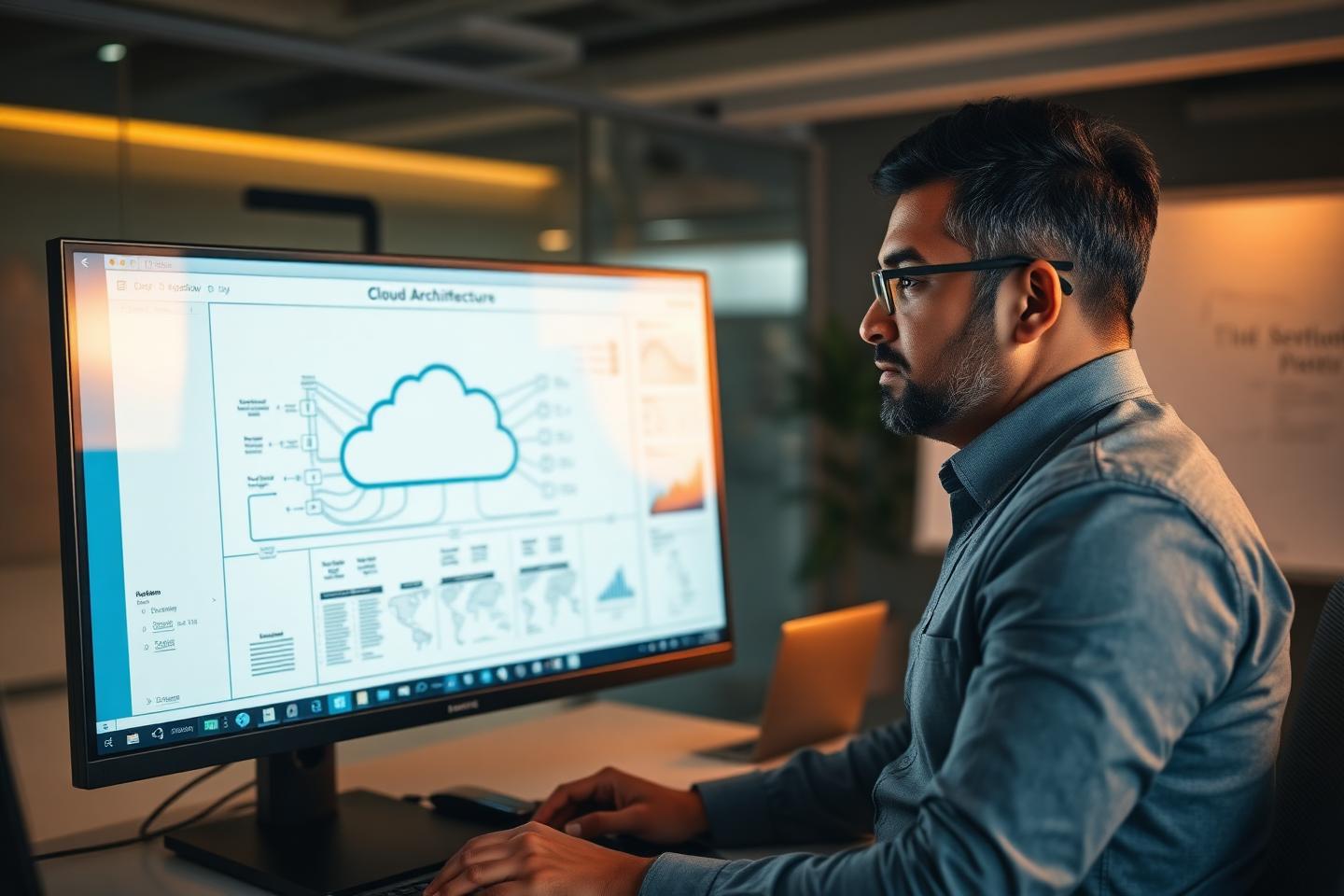 An engineer studying cloud architecture diagrams for certification