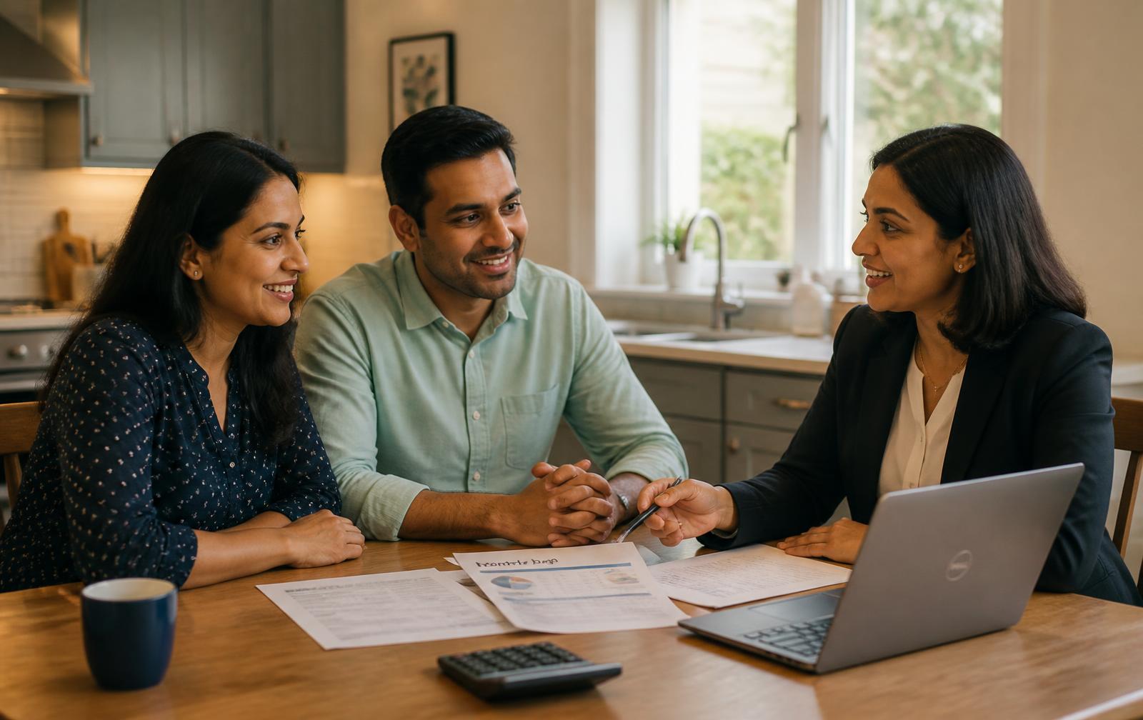 A household budget review session at the kitchen table