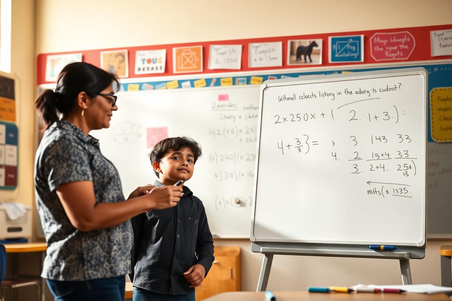 A student solving maths problems at the whiteboard with a tutor