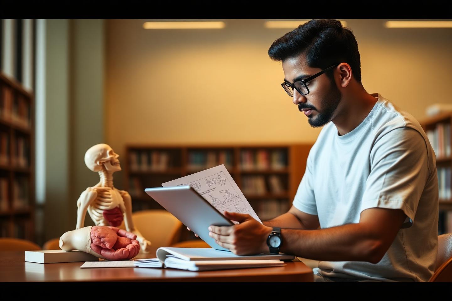 A pre-med student revising MCAT biology in a library study room
