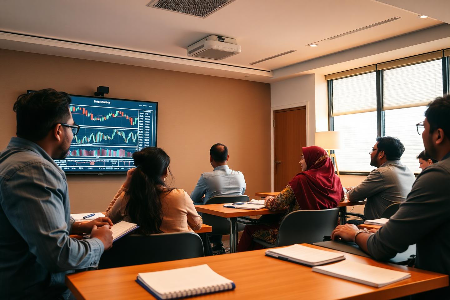 Adult learners in a stock market foundations class reading charts