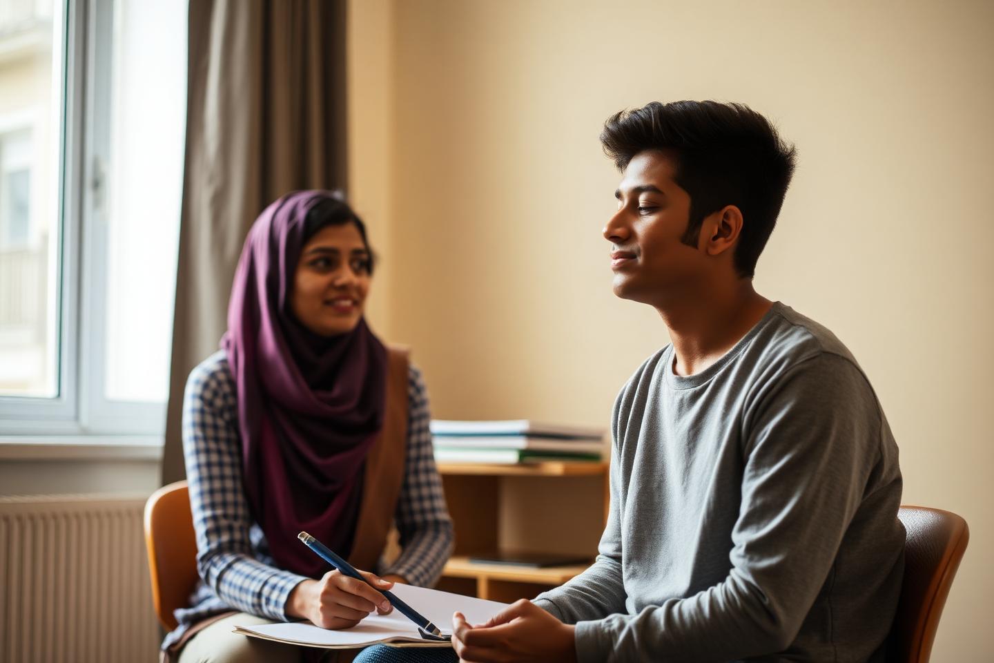 A student in a calm one-to-one exam anxiety coaching session