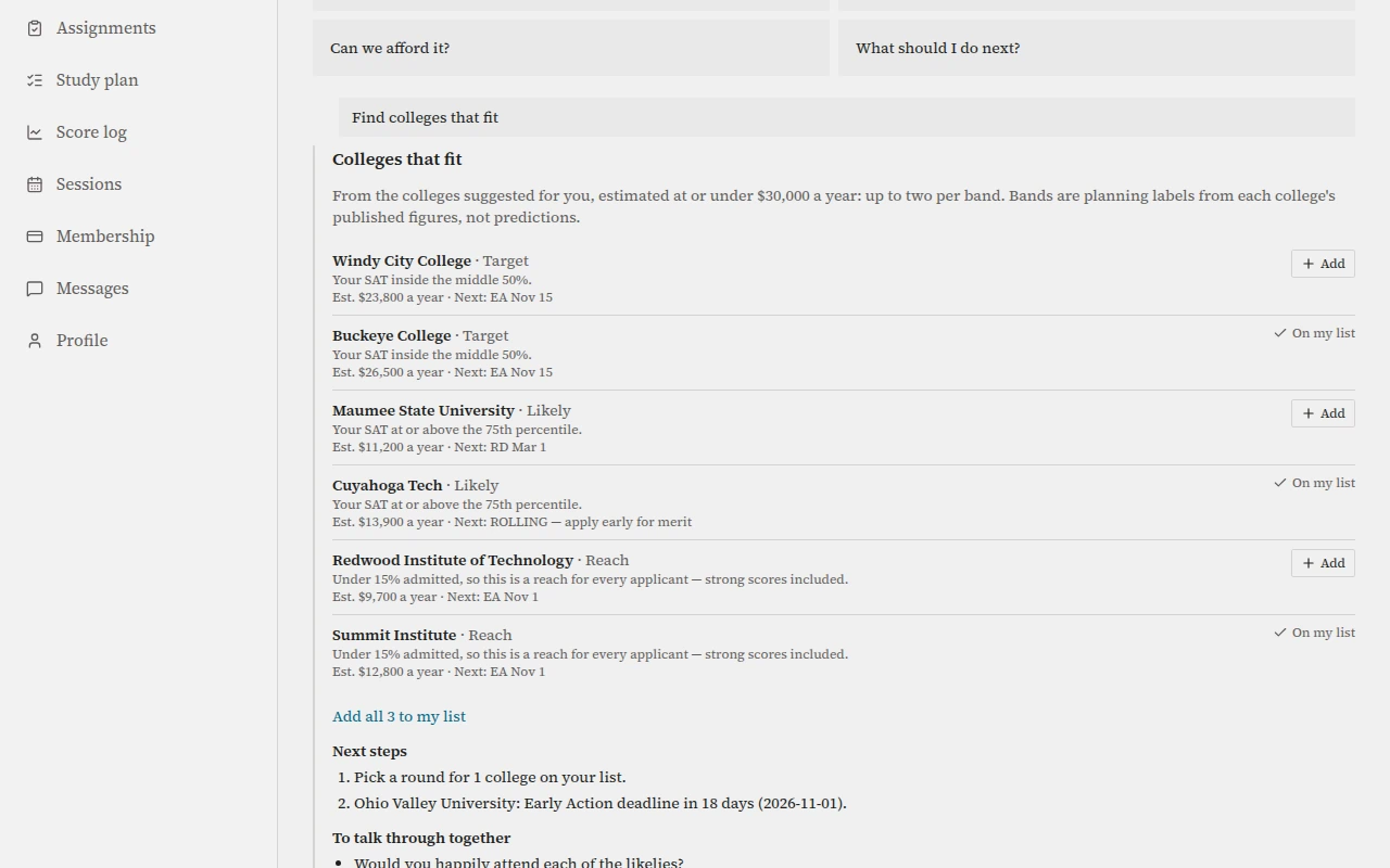 An advisor answer listing sample colleges by band, each with a short reason, followed by next steps.