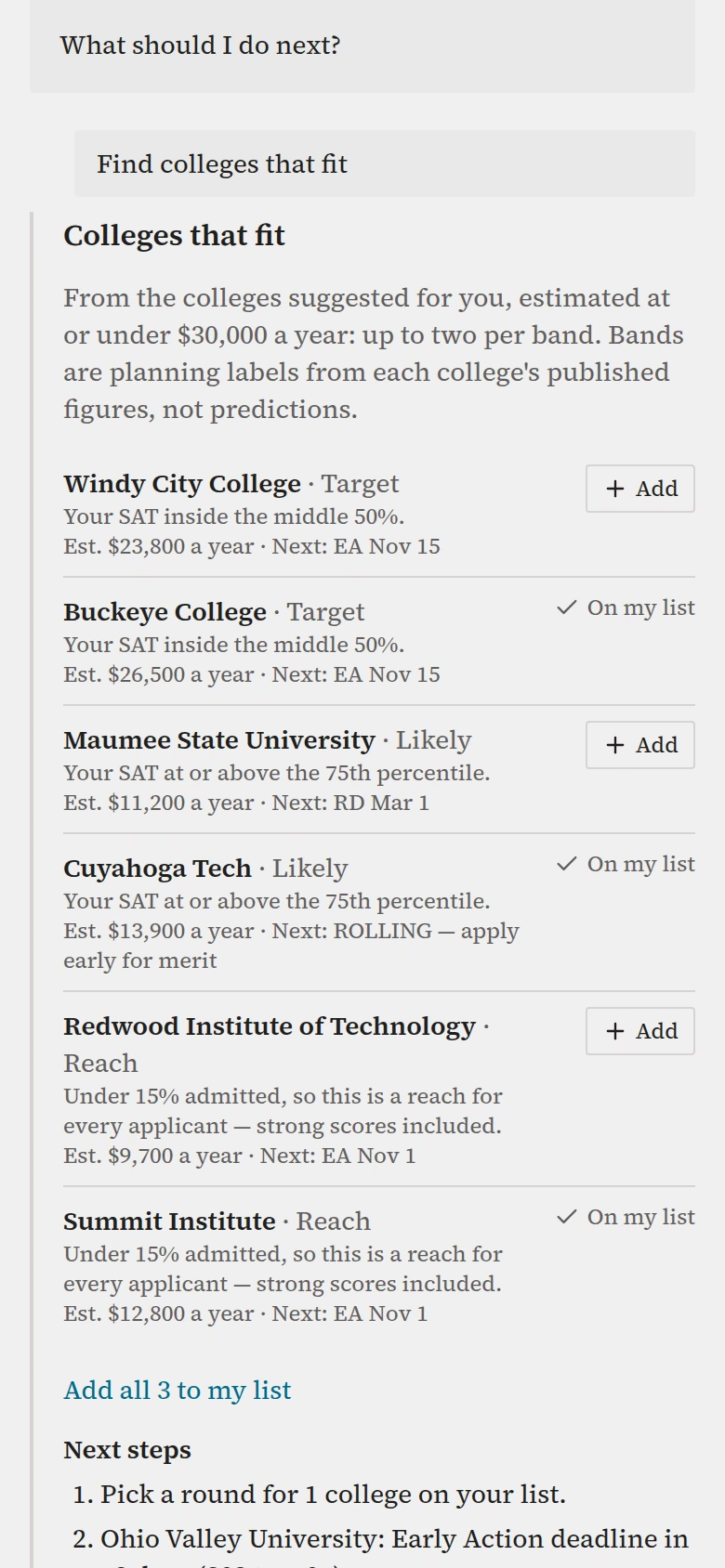 The college advisor on a phone-sized screen in a single column.